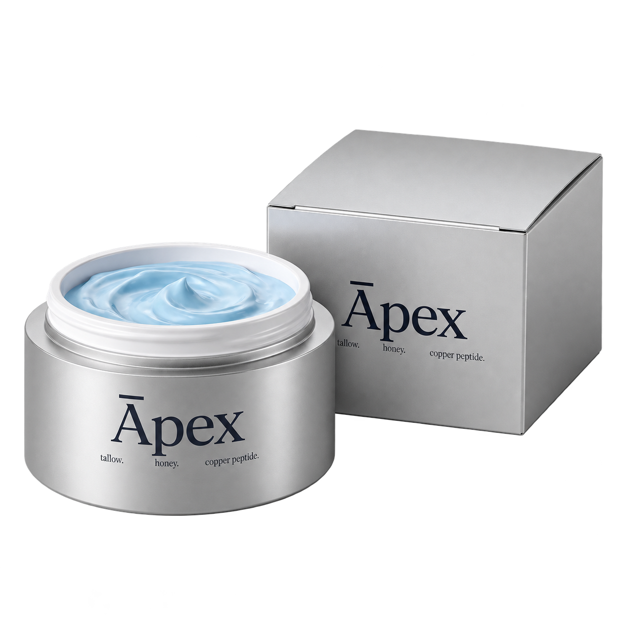 Open Apex Research GHK-Cu Tallow Balm jar beside its silver box